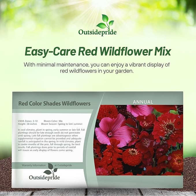 Outsidepride Red Color Shades Mix Wildflower Seeds - 10000 Pcs Annual Easy to Grow, Low Maintenance, Self-Seeding Flower Seeds w/Vibrant Blooms for Pollinator-Friendly Gardens, Containers & Borders