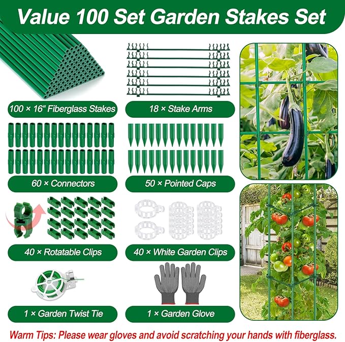 310PCS Garden Stakes Set with 100PCS 16 Inch Fiberglass Plant Sticks and Stake Arms, DIY 4ft 5ft 6ft 7ft 8ft Tomato Stakes, Garden Stakes for Vegetables, Tomato Pepper, Indoor Outdoor Plants