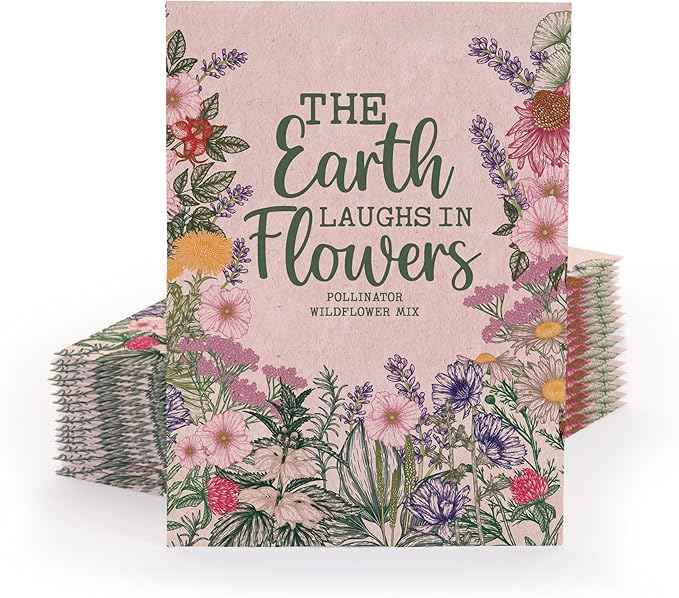 Bentley Seed Co. | The Earth Laughs in Flowers | Beautiful Illustrated Flower Design Art and Quote | Environmental Favor | Pollinator Wildflower Mix Seed Packets | Eco-Friendly Hand Out Gift | 25 Pk