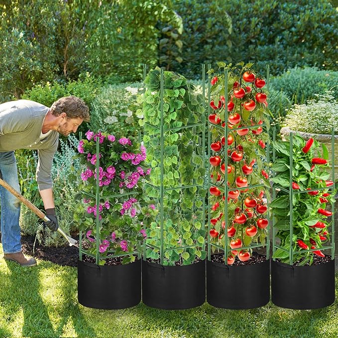 4 Pack Tomato Cages 55 x 12 Inch for Garden with 11 Gallon Round Grow Bags Planter Pots with Heavy Duty Triangle Trellis Plant Stakes Support Frames for Cucumber Vegetables Flowers