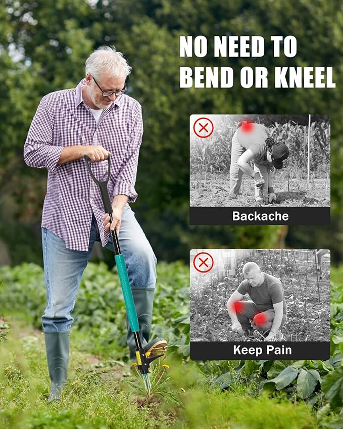 Breeze Touch Stand Up Weed Puller 39" with D-Grip Handle and 3-Claw Steel Head, Long Handle Weed Removal Tool for Lawn & Garden, Removes Dandelion & Crabgrass Without Bending