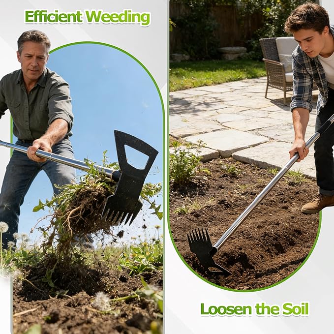 Weed Rake and Garden Hoe,7-Tine Manual Weeder Remover Tool,4-Section Adjustable 2 in 1 Hoe and Rake for Heavy-Duty Root Removal and Weed Clearing in Yards,Lawns,Patios,and Gardens