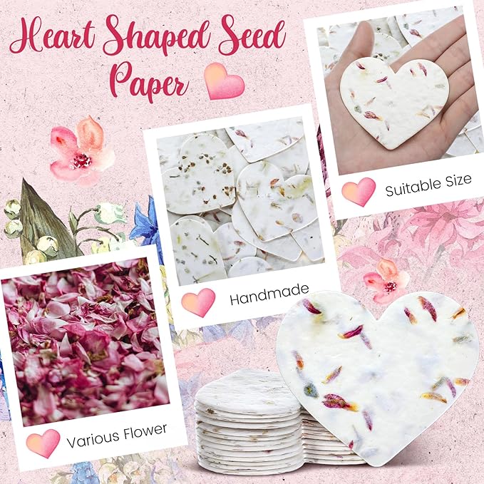 50 Pcs Handmade Seed Paper Plantable Wildflower Seed Paper Recycled Flower Petals Tags Wedding Favors for Guests Craft Gifts Cards for Envelope Birthday Party, 5 Styles (Heart)