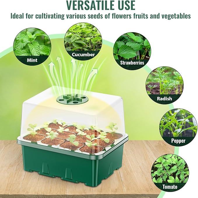 NBPLUS Seed Starter Tray with Grow Light, 5 Pack 60 Cells Seed Starter kit with Humidity Dome and Base, Plant Seedling Trays Indoor Greenhouse Gardening (Green 5 Pack)