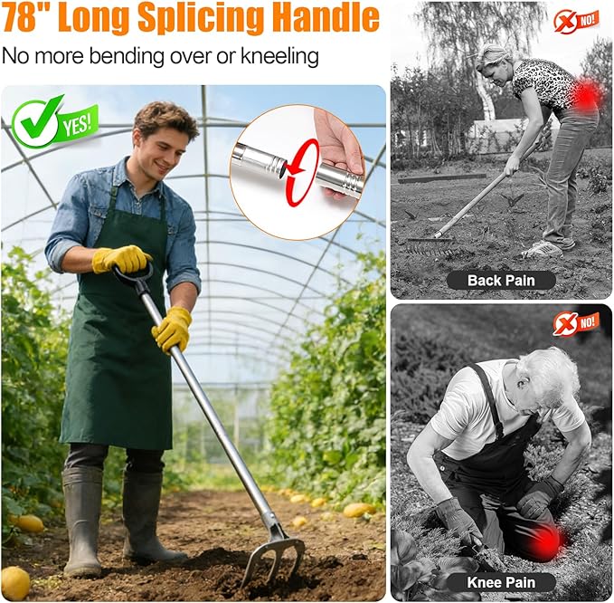 78" Long Handle Garden Rake, No Bend Standing Weeding Tool, Heavy Duty 3-Tine Cultivator with Carbon Steel Head, Hand Tiller for Digging, Loosening Soil & Planting