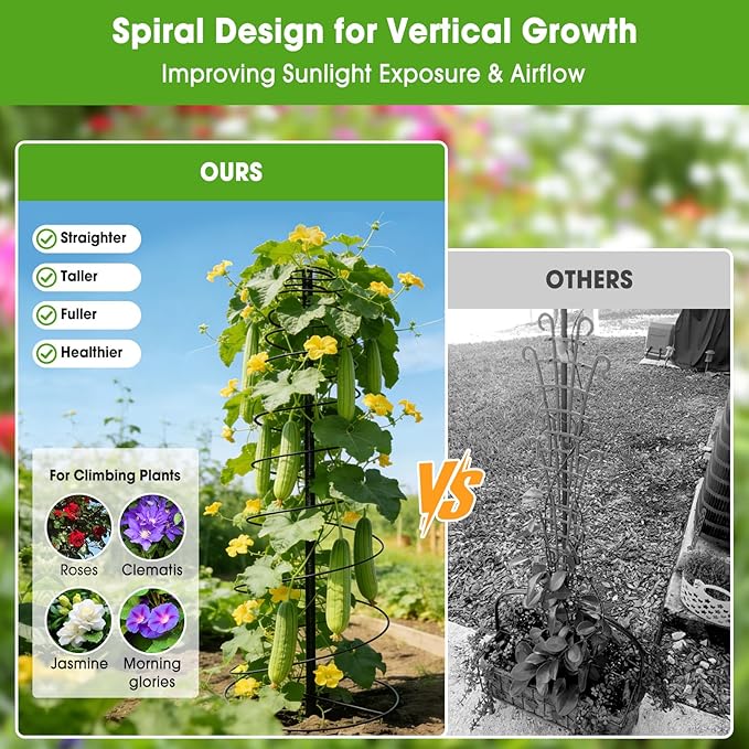 Trellis for Climbing Plants, 45” Metal Spiral Frame Pea Trellis with Center Pole, Adjustable Vine Plant Tower Supports for Outdoor Beans,Cucumbers,Vegetable,Flowers,Pots,Garden Raised Bed,12” Dia