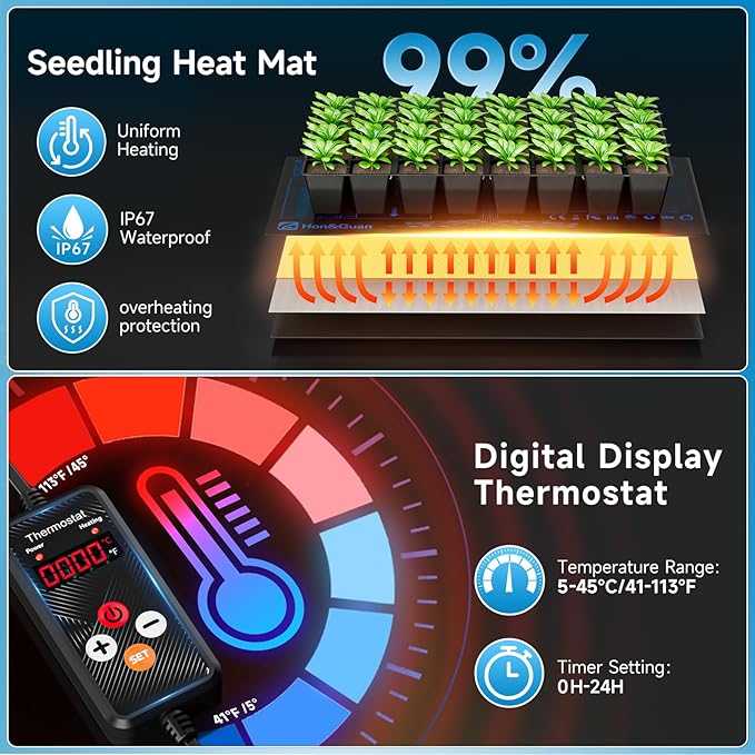 Hon&Guan 1 Pack Seed Starting Kit - 30 Cell Seed Starter Tray with Higher 5.3” Humidity Dome, LED Growing Lights and 10"x20.75" Seedling Heat Mat, Adjustable Vents - Germination & Plant Propagation