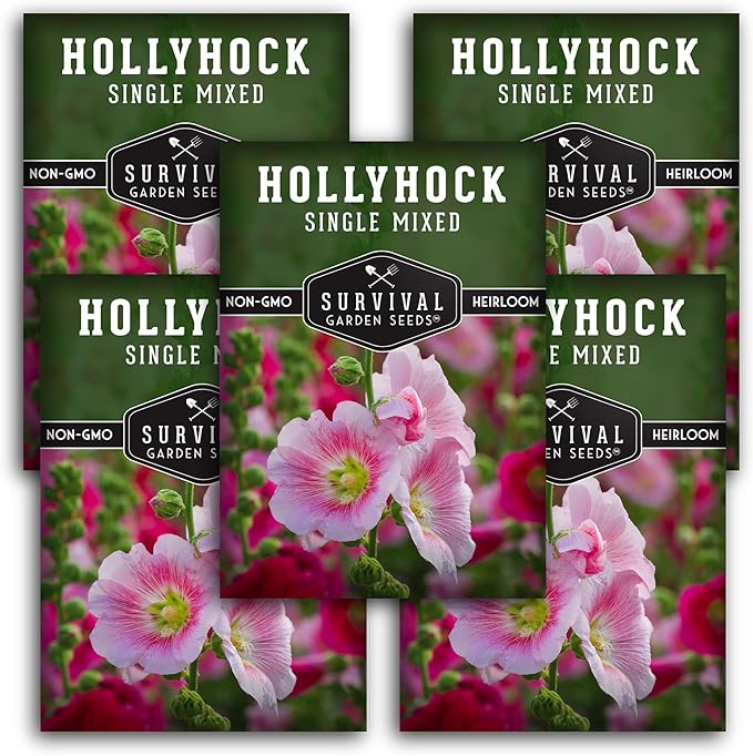Single Mixed Hollyhock Seeds for Planting - Plant & Grow Colorful Tall Spikes of Flowers in Your Home Vegetable Garden - Non-GMO Heirloom Variety - Survival Garden Seeds (5 Packs)