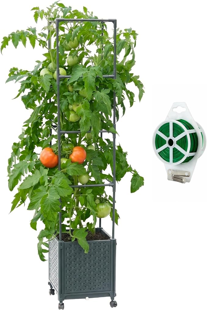 Raised Garden Bed Tomato Planter Box with Trellis, 56.7" Tomato Planters Cage w/Self-Watering for Climbing Plants Vegetables, Patio Indoor Outdoor