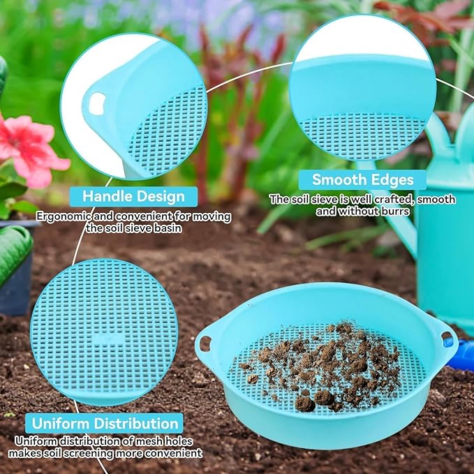 Round Garden Soil Sieve Pan, Gardening Sand Soil Compost Sifter 3mm Tetragonum Hole Soil Sifter Screen Filtering Earth and Stone Tools for Sieve Work of Small Gravel, Soil, Sand(Blue)
