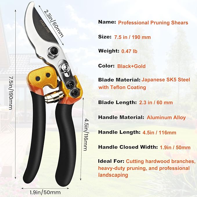 Professional Pruning Shears, Japanese SK5 Steel Blades for Precise Trimming, Bypass Pruners, Heavy Duty Garden Clippers for Branch Cutting, Bonsai, and Gardening