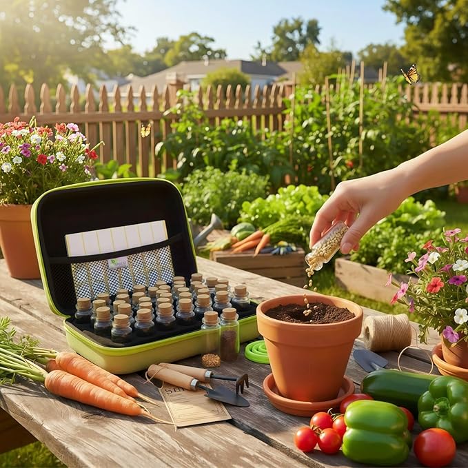 SMUJU 40 Slots Seed Storage Organizer with 20 Seed Envelopes, Sturdy Organizer Storage Box with Label Stickers, Glass Container for Flower Vegetable Garden Seed Saving (Seeds not Included)