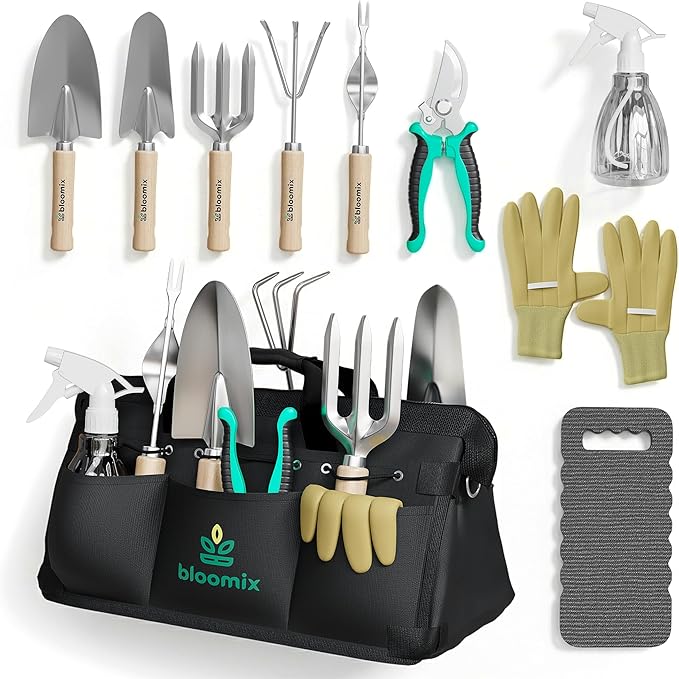 Bloomix 12Pcs Gardening Tools Set - Heavy Duty Garden Tools Set with Tool Bag, Kneeling Pad, Apron & More Garden Accessories - Stainless Steel Plant Care Kit Supplies, Gardening Gifts for Women Men