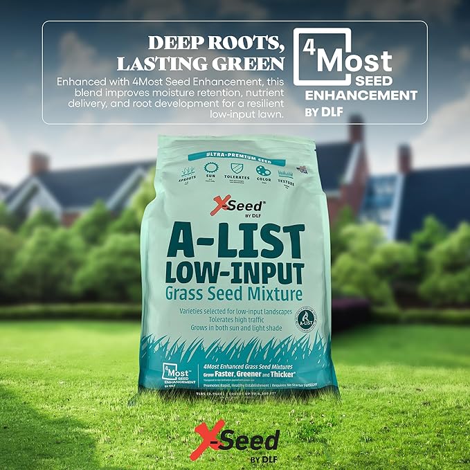 A-List Low Input Mixture Lawn Seed - Premium Grass Seeds for Lawn Repair Over Seeding and Thickening Ideal for Low Maintenance Drought-Resistant Lawn for High Traffic Sun and Light Shade Mix, 7 Pounds