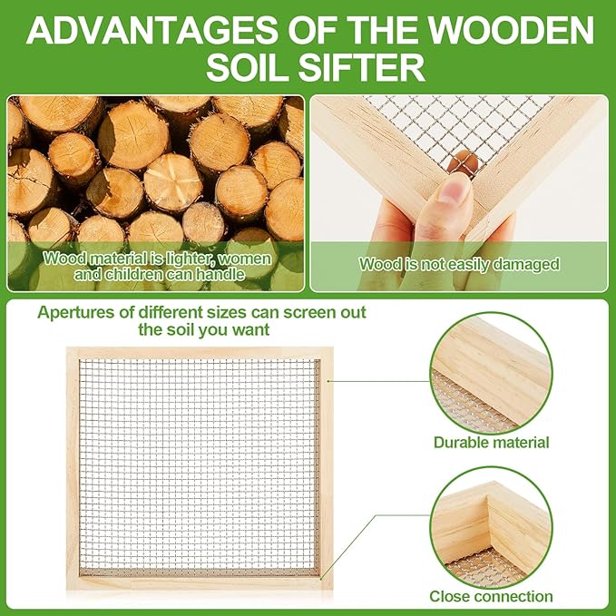 Mifoci 2 Pcs Soil Sifter Dirt Sifter for Gardening Light Wooden Rock Sifter 12.6 x 11.4 in Compost Sifter with 2 Sieve Mesh 1/4" and 1/2" Screen Sifter for Gardening Rock Sifter Soil Dirt Rock Compost