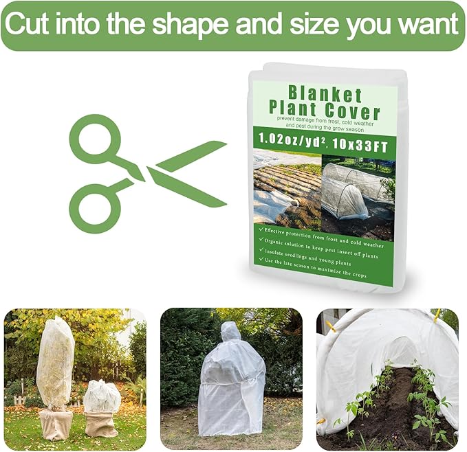 Plant Covers Freeze Protection, 10x33ft Reusable Frost Blanket, Non-Woven Winter Plant Cover for Outdoor Plants, Vegetables,Flowers, 1 oz/yd² Frost Cloth for Cold Weather Snow