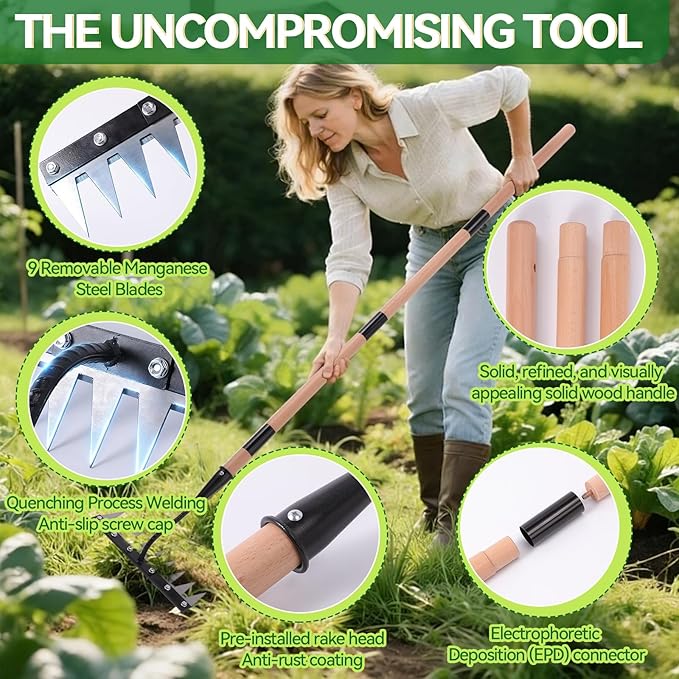 Gardenia Iron Weeding Rake with Handle 3.0,Heavy Duty Iron Rake for Gardening and Weeding,2026 Upgraded 9-Tine Garden Weed Puller Tool, Garden Weed Rake Tool for Removing Weeds,Soil Aeration (9 Teeth)