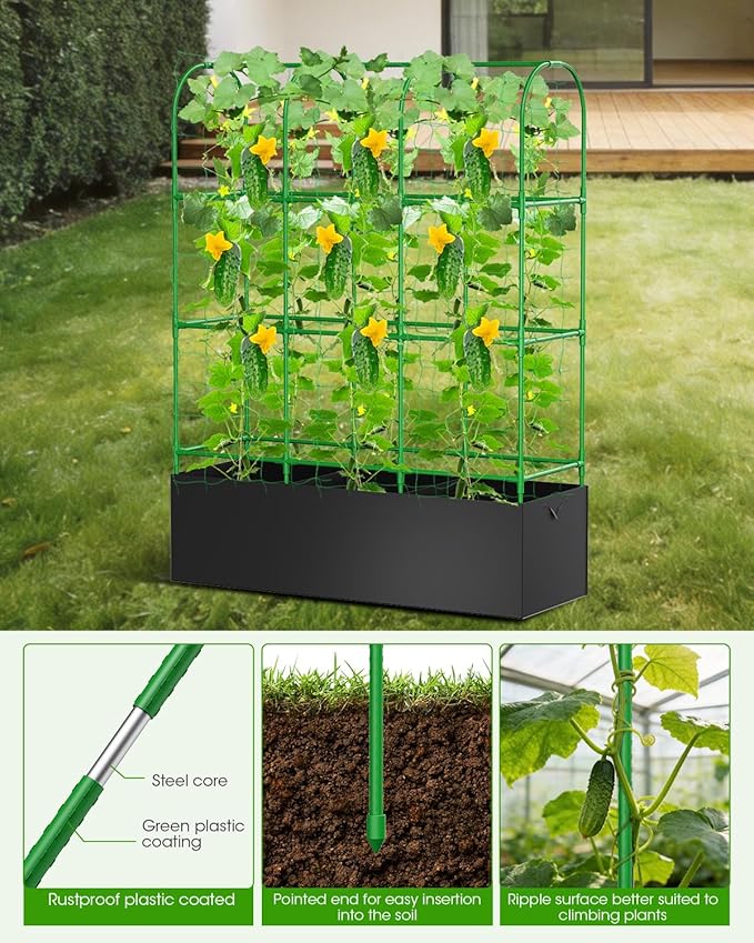 Cucumber Trellis with Grow Bags for Garden, U Frame Garden Trellis for Climbing Plants, Metal Plant Trellis with Garden Netting for Vegetables Flowers Fruits(4 Arches)