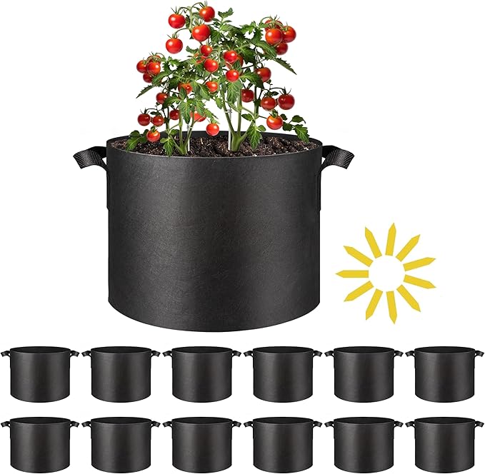 Simple Deluxe Grow Bags 5 Gallon 12 Pack Planter Pots with Handles, Thickened Nonwoven Fabric Aeration Cloth Bag, Heavy Duty Gardening for Tomoato, Potato, Vegetable and Flowers, Black with 12 Labels
