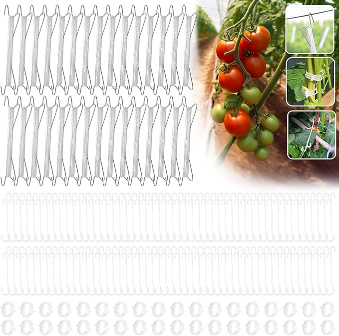 30pcs Tomato Support Hooks with 60pcs Tomato Clips, J Hooks to Prevent Tomatoes from Pinching or Falling Off, Garden Hooks with 33.3ft Twine, Plant Climbing Hooks for Tomatoes Cucumber