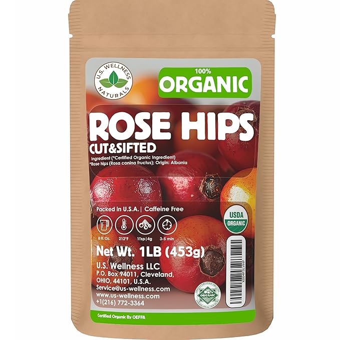 Rose Hips Tea - 1 LB (16 oz) | Real Wild Harvest | 100% USDA Certified Organic | Cut and Sifted Albanian Rose Hips Shells | Aroma-Rich Seedless Rosehip (rosa canina fructus) | By U.S. Wellness Naturals