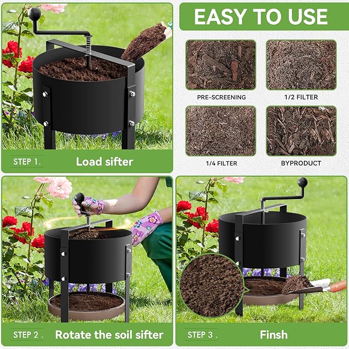 Rotary Soil Sifter Compost Sieve Garden Potting Sifting Mesh Rock Sand Dirt Sieve, 13" Sifting Filter with 1/5 Inch Mesh Sifting