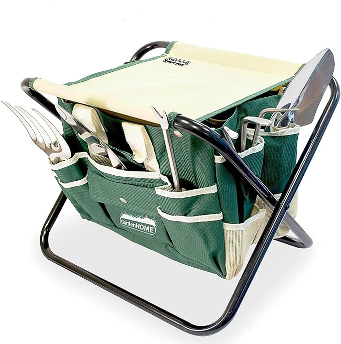 GardenHOME 7-Piece Green Gardening Tool Set – Stainless Steel Tools with Wooden Handles, Folding Stool & Canvas Tote, Durable Garden Kit for Every Gardener