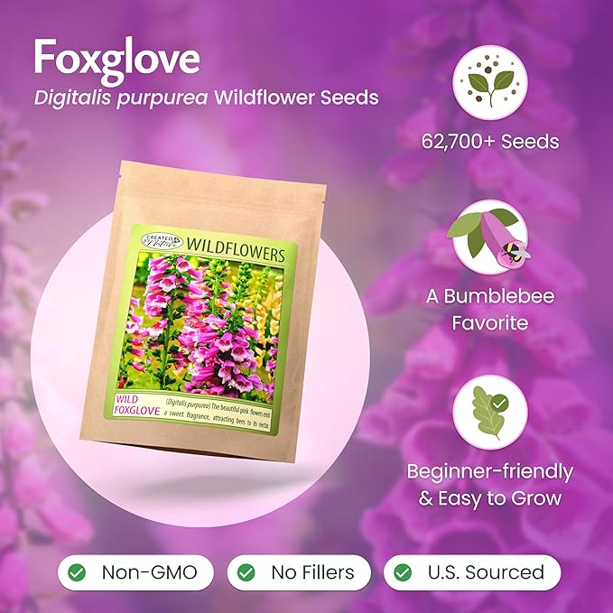 Created by Nature Foxglove Seeds, 62,700 Perennial Seeds, Purple, Pink, and White Flowers