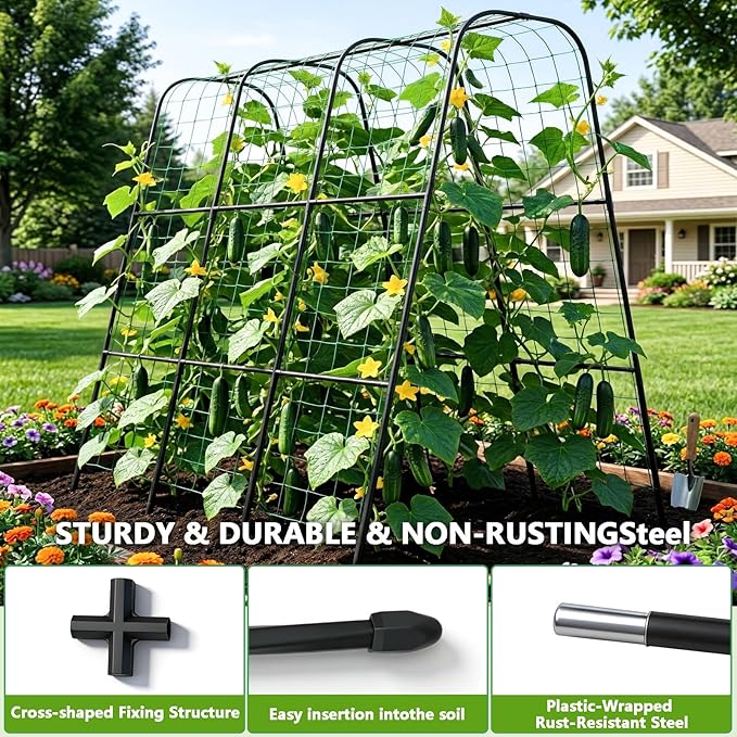 Garden Arch Trellis for Climbing Plants, Plastic-Coated Steel Trellis with Easy-Connect System, Includes Net, Ties & Gloves, Outdoor Plant Support for Vegetables (47.2" L x 47.2" H)