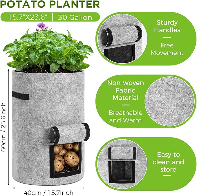 Yoojahow 4 Pack 30 Gallon Potato Grow Bags with Harvest Window, Durable Garden Planter Bags with Handles for Potatoes, Tomatoes, and Vegetables - Indoor & Outdoor Gardening Supplies (Black,Gray)