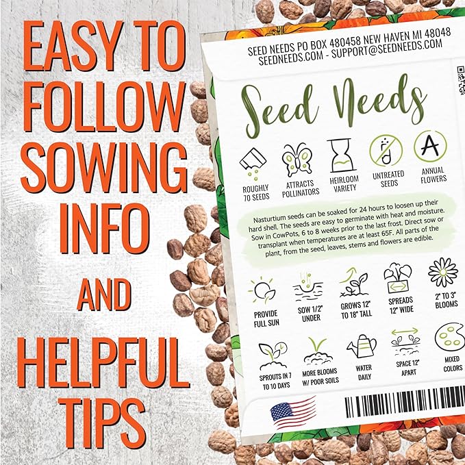 Seed Needs Nasturtium Seeds for Planting Jewel Blend - Heirloom Untreated & Open Pollinated Annual Wildflowers - Edible Mixed Flowers to Plant a Butterfly Garden (1 Pack)
