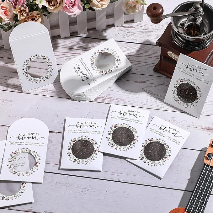 Fumete 50 Pack Baby in Bloom Seed Packets Baby Shower Party Favor for Guest Envelopes Kraft with Clear Window Resealable Seed Organizer Storage Bag for Gender Reveal Party, No Seeds(Colored Flowers)