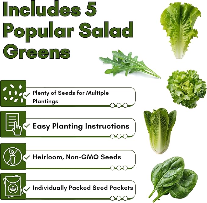 Salad Garden Seed Bundle – Mixed Lettuce, Spinach & Arugula Seeds for Planting | Leafy Greens Variety Pack for Outdoor, Indoor & Hydroponic Gardens | Heirloom, Non-GMO | Woods Creek Seeds