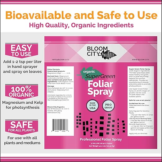 Bloom City Supergreen Organic Kelp Foliar Spray – Liquid Plant Supplement for Faster Nutrient Uptake, Greener Leaves & Vigorous Growth, 1 Gallon