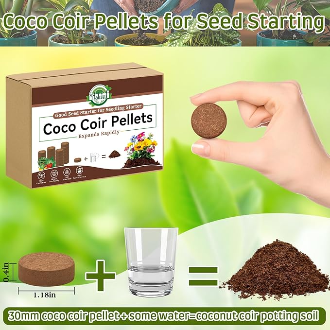 Halatool 200pcs 30mm Organic Coconut Coir Pellets Soil for Seed Starter, Compressed Coco Coir Potting Soil for Growing Vegetables, Fruits, Flowers
