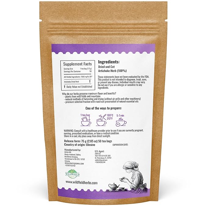 50 Bags Alcachofa Artichoke Leaf Dried Artichokes Blend Herb Tea (Cynara Cardunculus) - 50 Count 2g Tea Bags Herbal Hojas De Alcachofa Seca