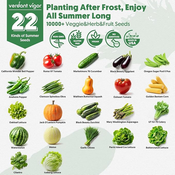 22 Summer Seeds Variety Pack for Planting, Over 10,000 Vegetable Seeds, USA Grown, Heirloom, Non-GMO, for Indoor Outdoor Gardening