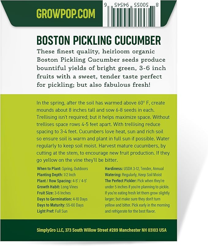 Purely Organic Products Boston Pickling Cucumber Seeds, Heirloom Organic, 3-6 inch Fruits (5 Packets - 20 Grams - Approx 500 Seeds)