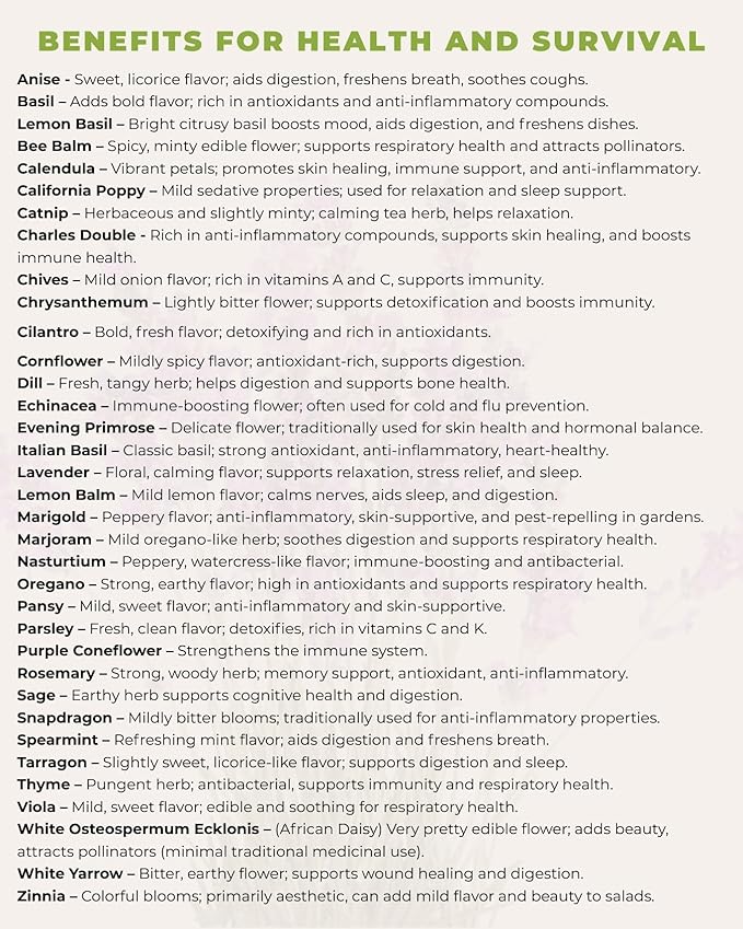 35 Tactiko Edible Flower & Herb Seeds Kit Variety - USA Grown Heirloom Non-GMO Open-Pollinated Seeds for Planting - Indoor Outdoor Gardening - Survival Long-Term Storage - Resealable Mylar Bag