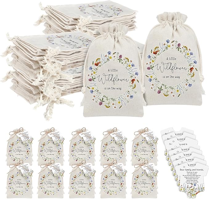 Fumete 25 Sets Wildflower Baby Shower Seed Packets Party Favors for Guests Baby in Bloom Favors Decorations Burlap Bags with Drawstring Thank You Cards and Twine, No Seeds (Wildflower)