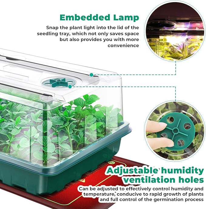 Seed Starter Tray, Seed Starter Kit with Grow Lights and Heat Mat, 96-Cell Seed Growing Tray, Seed Starting Trays Plant Starter Kit and Base, Indoor Gardening Plant Germination Trays (2)
