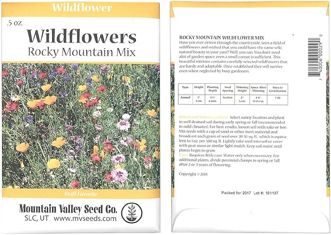 Rocky Mountain Wildflower Seed Mix - 0.5 oz Seed Packet - 22 Wild Flower Seed Varieties - Annuals, Perennials and Bi-Annuals - Flower Garden