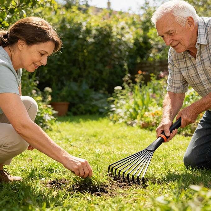 Hand Rake, Garden Stainless Steel Hand Rake with Ergonomic Handle for Gardening, Garden Sweep Yard Flower Beds Tool