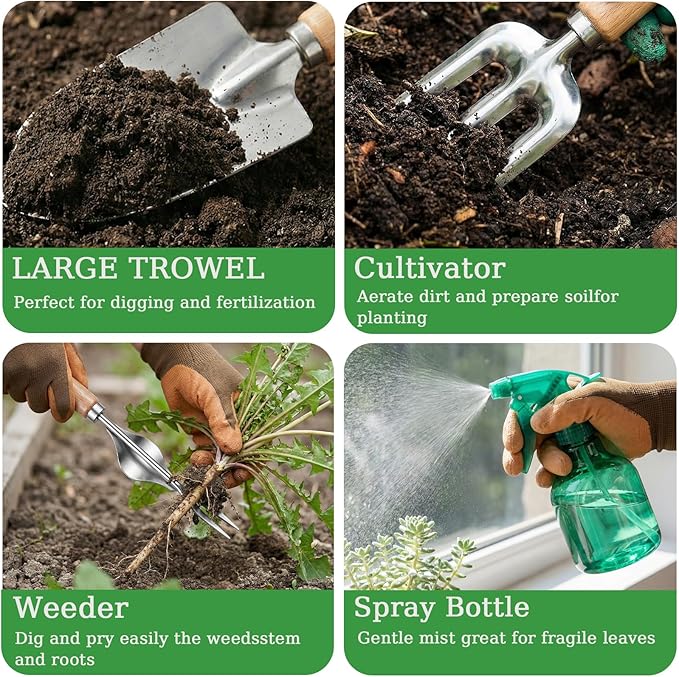 Heavy Duty 10-Piece Garden Tool Set, Rust-Proof Stainless Steel Gardening Hand Tools, Ergonomic Non-Slip Grips, Ideal Gardening Gifts for Women & Men – Gardening Essentials (Green)