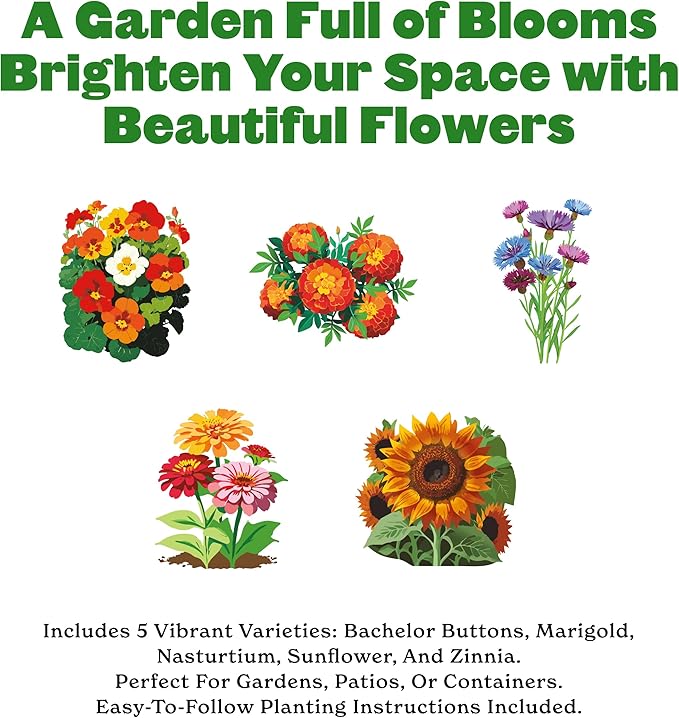 Epic Gardening Flower Garden Seed Collection - 5 Stunning Varieties, Includes Sunflowers, Zinnias, Nasturtiums & More, Brighten Your Garden with Blooms That Attract Pollinators Like Bees & Butterflies