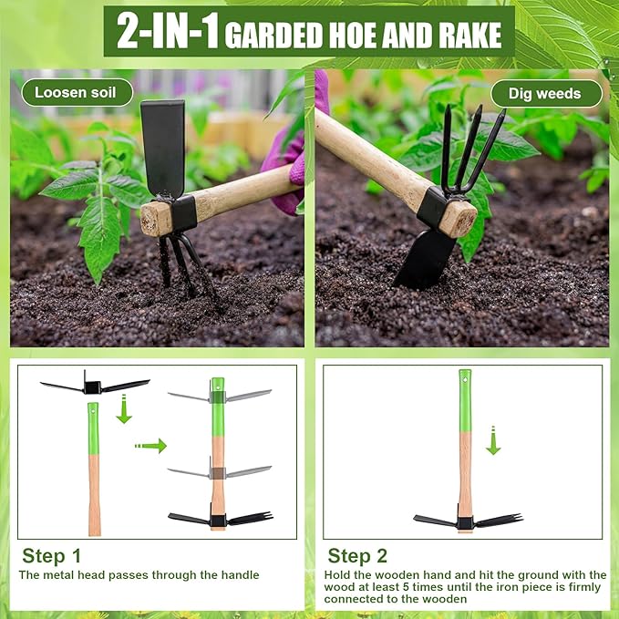 2 Pcs Garden Tool Set - Heavy Duty Pruning Shears & 2-in-1 Hoe Cultivator for Weeding, Digging & Trimming, 5/8-inch Cut Capacity Clippers Gardening Hand Tools for Home and Raised Bed