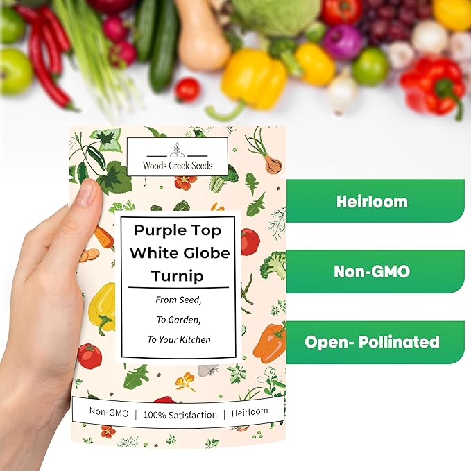 Woods Creek Seeds: Purple Top White Globe Turnip Seeds for Planting - Heirloom Root Vegetable Variety - Fast Growing Turnips with Edible Greens - Non-GMO Garden Seeds for Fall or Spring