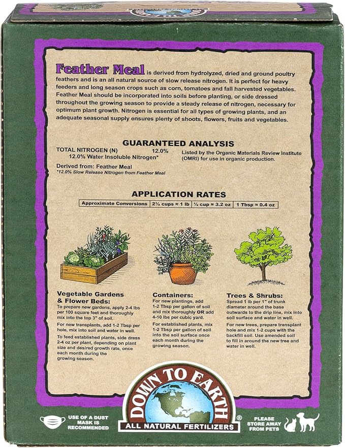 Down To Earth All Natural Fertilizers Organic Feather Meal - Slow Release Nitrogen Plant Food for Green Growth 12-0-0, 4 lb