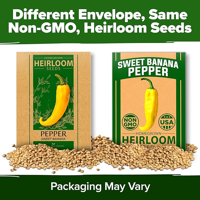 HOME GROWN Non GMO Banana Pepper Seeds Pack 94 Heirloom Vegetable Seeds High Germination Sweet Peppers for Planting Indoors or Outdoor Garden (Capsicum annuum) (1pack)