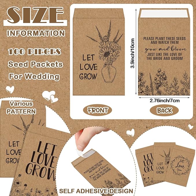 Ireer 101 Set Let Love Grow Wedding Favors for Guests Include 1 Wooden Sign 100 Self Adhesive Seed Packets Kraft Paper Seed Envelopes 100 Let Love Grow Cards 100 Bags for Guest Bridal Shower (Kraft)
